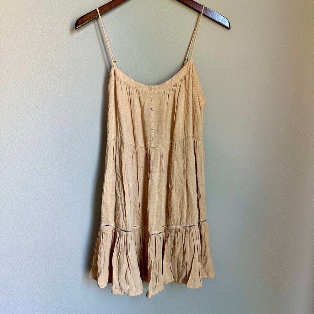 Becool Cream Babydoll Dress Boho Mini Tiered Buttons Lace Round Neck Cottagecore